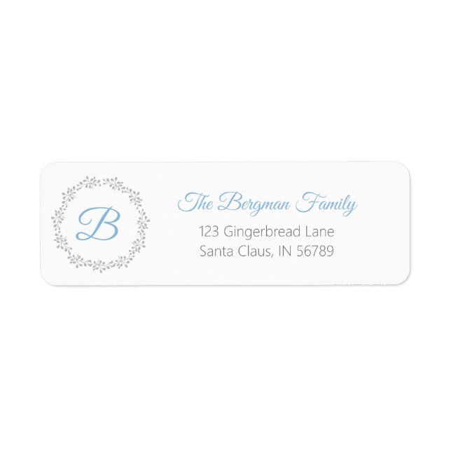 Gray Blue Monogram Holiday Wreath Label (Front)