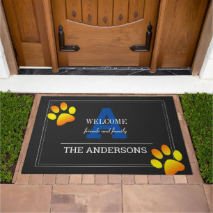 Gray / Blue Monogrammed Family Custom / Paws SM Doormat