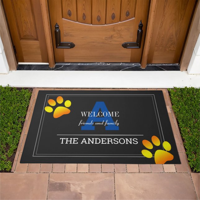 Gray / Blue Monogrammed Family Custom / Paws SM Doormat (Outdoor)