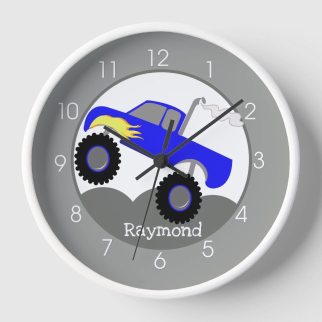 Gray Blue Monster Truck Boys Kids Toddler Wall Clock (Front)