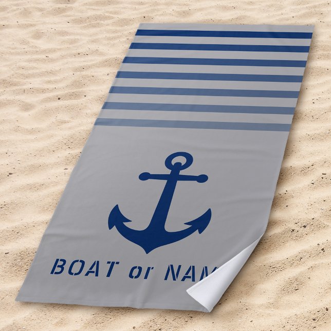 Gray Blue Nautical Anchor Your Name or Boat Beach Towel (Creator Uploaded)