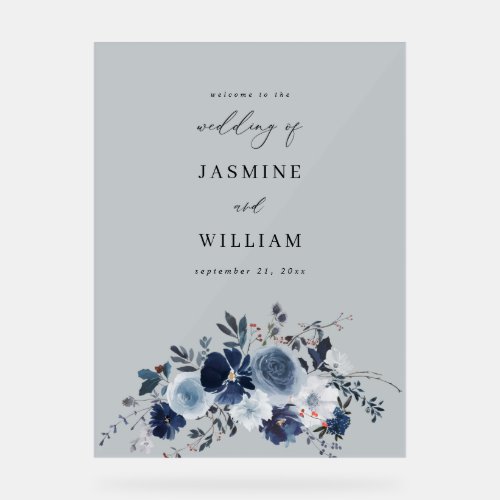 Gray_ Blue  Navy Floral Wedding Welcome Acrylic Sign