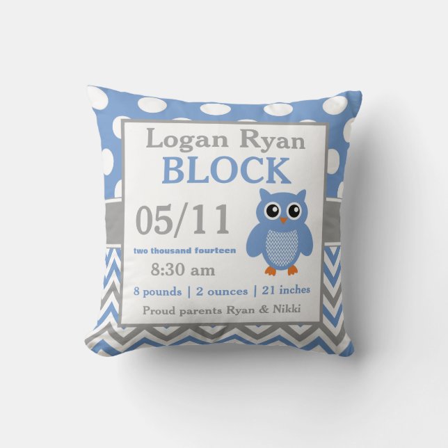 Gray Blue Owl Baby Announcement Pillow (Front)