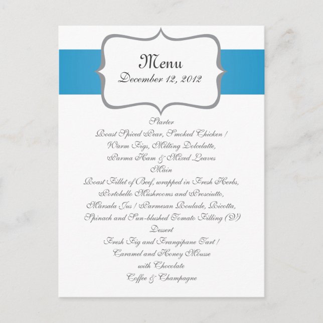 gray&blue paisley pattern on navy wedding menu (Front)