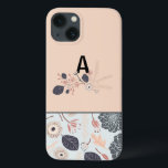 Gray Blue Peach Floral Repeat Monogram iPhone 13 Case<br><div class="desc">Another beautiful original floral surface pattern design with customizable initial from Studio Posies. This pattern features a soft blue background with dark gray blue and peach flowers, black leaves, and taupe and salmon flower buds. You will find it on a variety of home decor products, accessories, clothing items, device covers...</div>