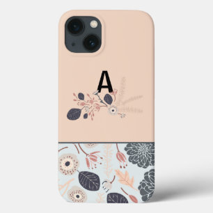 Gray Blue Peach Floral Repeat Monogram iPhone 13 Case