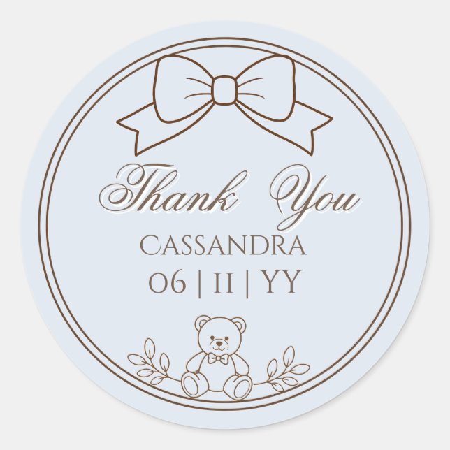 Gray Blue Personalized Teddy Bear Bow Classic Round Sticker (Front)