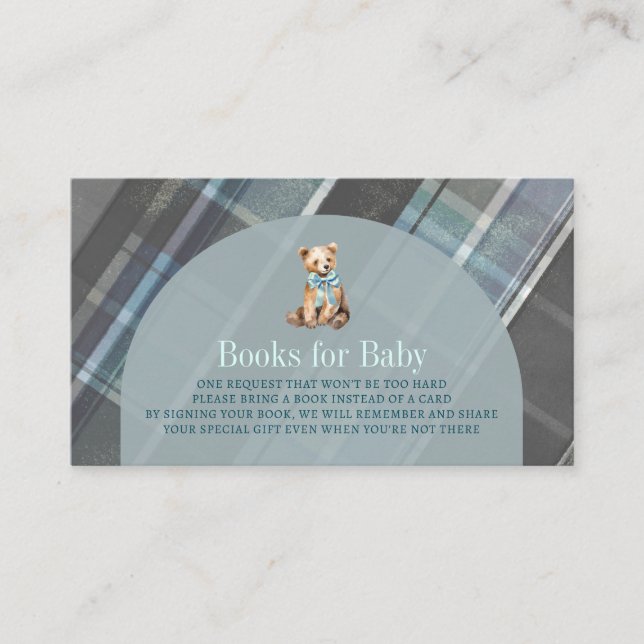Gray & Blue Plaid Teddy Bear Baby Book Request Enclosure Card (Front)