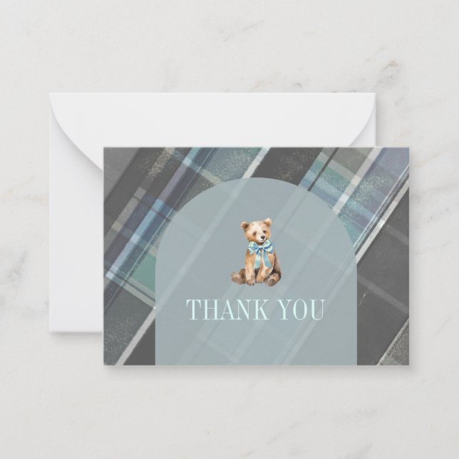 Gray & Blue Plaid Teddy Bear Baby Shower Thank You Note Card (Front)