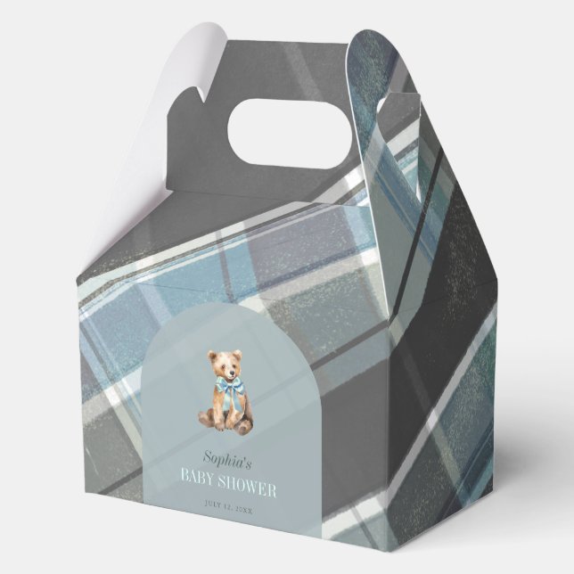 Gray & Blue Plaid Teddy Bear Boy Baby Shower Favor Boxes (Front)