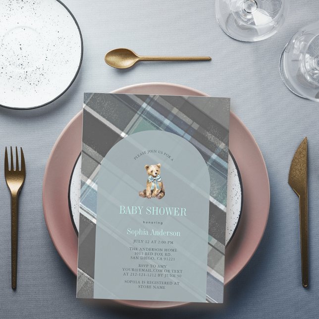 Gray & Blue Plaid Teddy Bear Boy Baby Shower Invitation (Creator Uploaded)