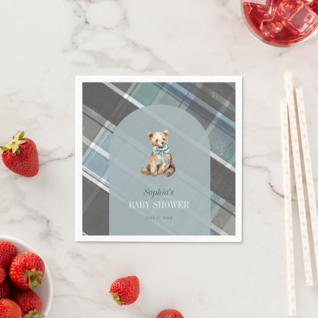 Gray & Blue Plaid Teddy Bear Boy Baby Shower Napkins (Insitu)