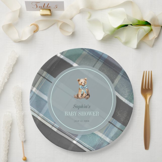 Gray & Blue Plaid Teddy Bear Boy Baby Shower Paper Plates (Wedding)