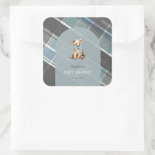 Gray & Blue Plaid Teddy Bear Boy Baby Shower Square Sticker
