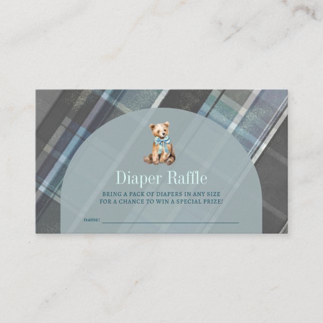 Gray & Blue Plaid Teddy Bear Diaper Raffle Ticket Enclosure Card (Front)