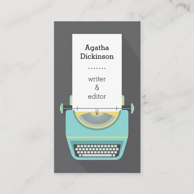 Gray blue retro typewriter professional writer business card (Front)