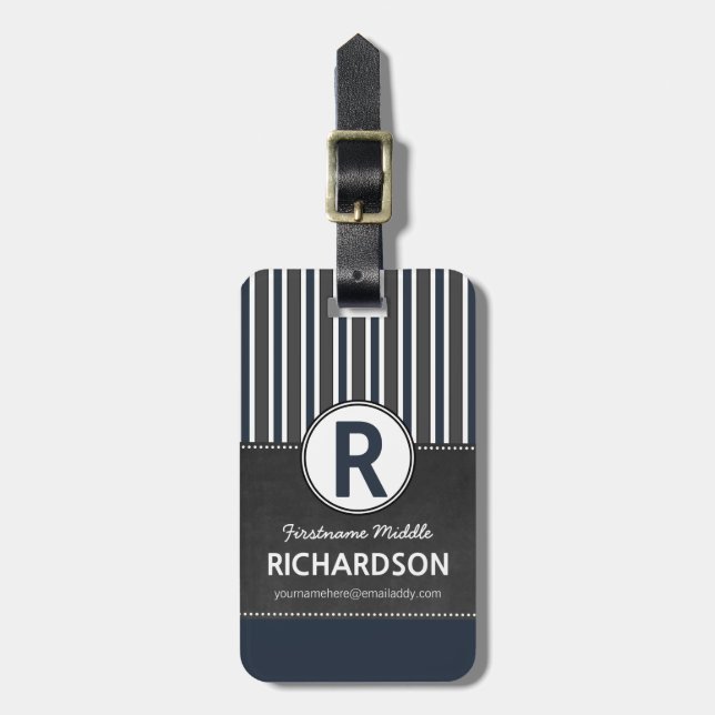Gray Blue Stripes Chalkboard Monogram Luggage Tag (Front Vertical)