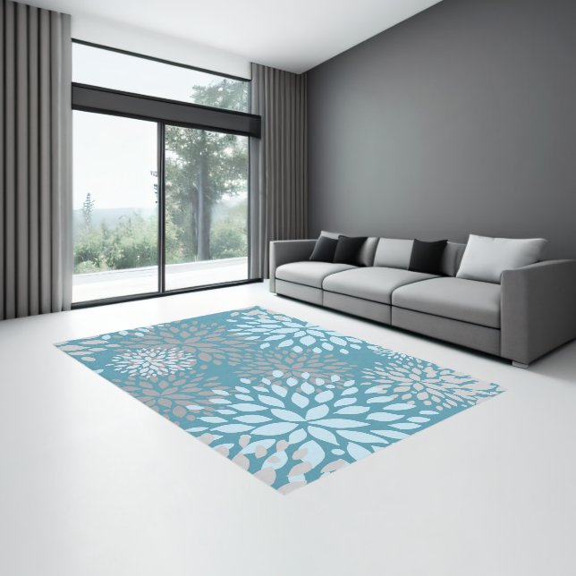 Gray, Blue, Teal Abstract Floral  Rug (Insitu (Indoor 3))