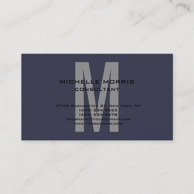 Gray Blue Unique Original Classical Monogram Business Card (Front)