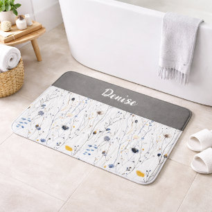 Gray Blue Watercolor Wildflower Monogram  Bath Mat