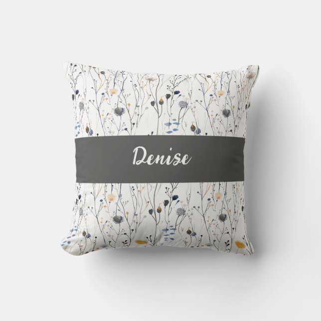 Gray Blue Watercolor Wildflower Monogram Name Throw Pillow (Front)