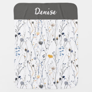 Gray Blue Watercolor Wildflower Name Baby Blanket