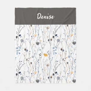 Gray Blue Watercolor Wildflower Name Fleece Blanket