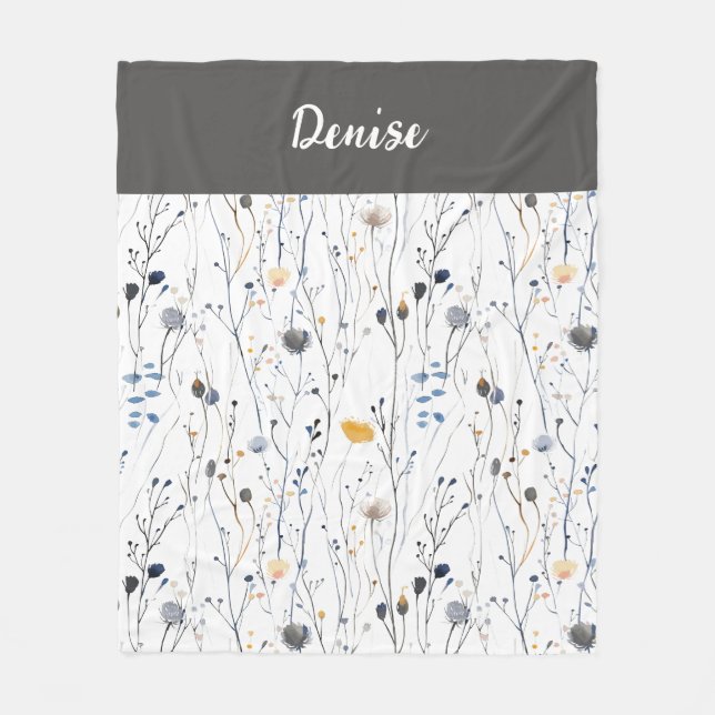 Gray Blue Watercolor Wildflower Name Fleece Blanket (Front)