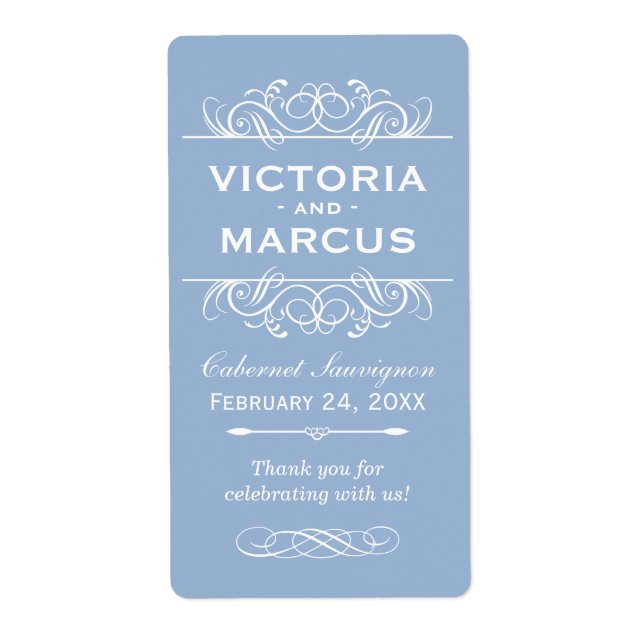 Gray Blue Wedding Wine Bottle Monogram Favor Label (Front)
