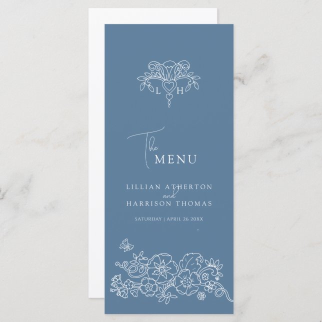 Gray blue white monogram fleur de lis wedding menu (Front/Back)