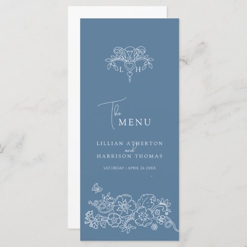 Gray blue white monogram fleur de lis wedding menu