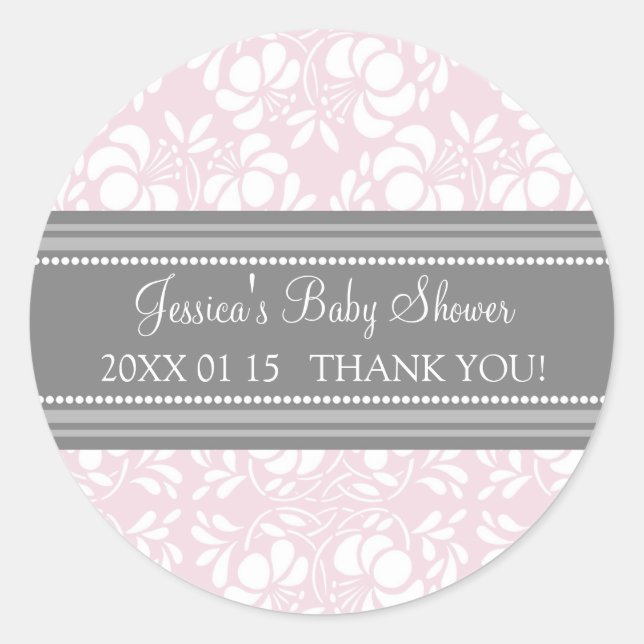 Gray Blush Damask Baby Shower Favor Stickers (Front)