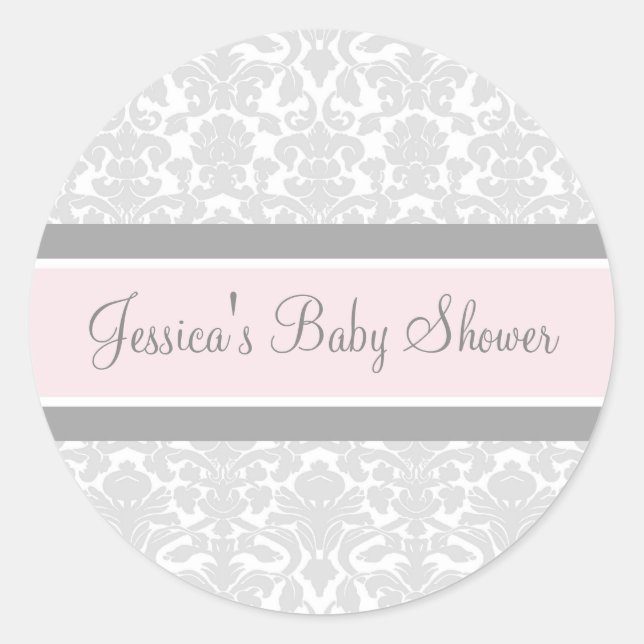 Gray Blush Damask Baby Shower Favor Stickers (Front)