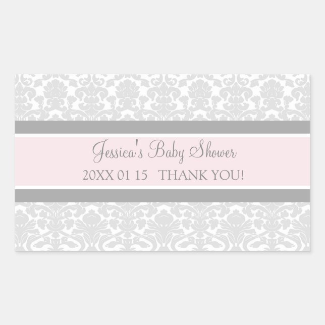 Gray Blush Damask Baby Shower Favor Stickers (Front)