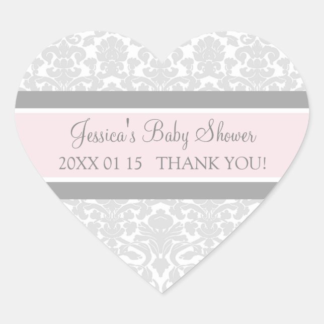Gray Blush Damask Baby Shower Favor Stickers (Front)