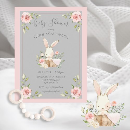 Gray Blush Floral Bunny Rabbit Baby Shower Invitation