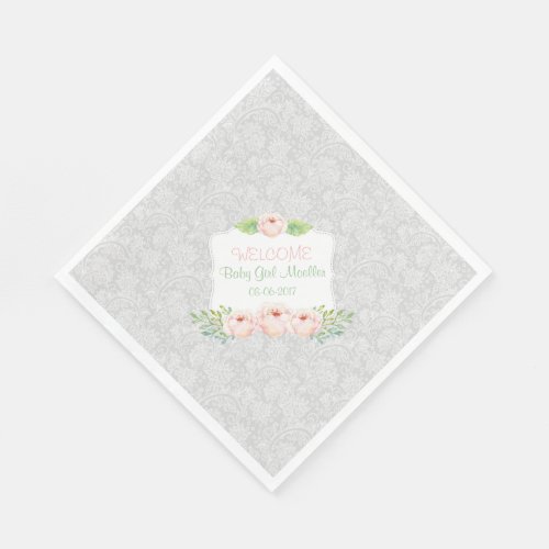 Gray Blush floral Damask Napkin  girl baby shower