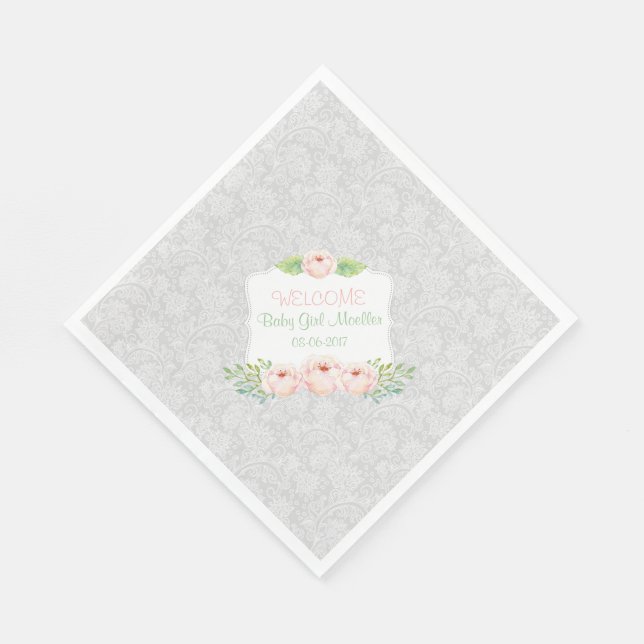 Gray Blush floral Damask Napkin / girl baby shower (Corner)
