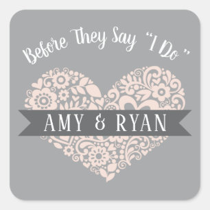 Gray Blush Floral Heart Bridal Shower Wedding Square Sticker