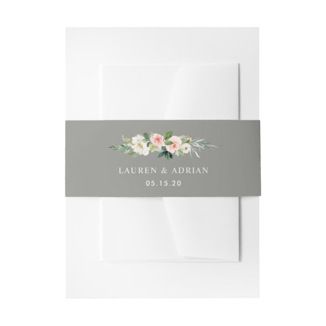 Gray Blush Floral Wedding Invitation Belly Band (Front Example)