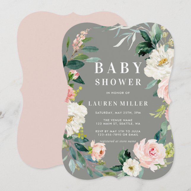 Gray Blush Floral Wreath Baby Shower Invitation (Front/Back)