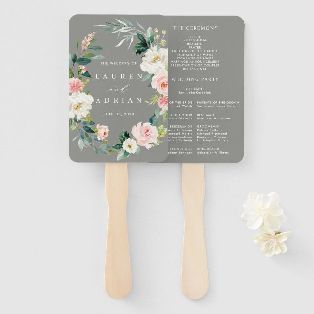 Gray Blush Floral Wreath Wedding Program Hand Fan (Front and Back)