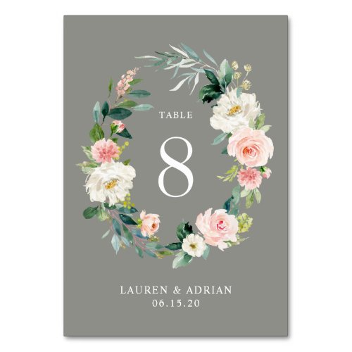 Gray Blush Floral Wreath Wedding Table Number