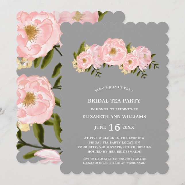 Gray | Blush Pink Peonies Bridal Tea Party  Invitation (Front/Back)