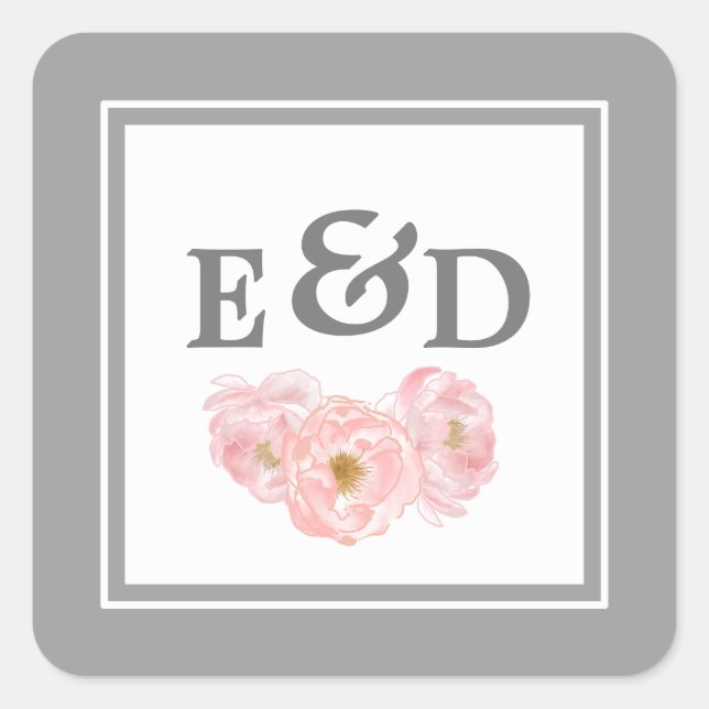 Gray | Blush Pink Peonies Monogram Wedding  Square Sticker (Front)