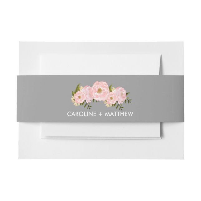 Gray | Blush Pink Peonies Watercolor Wedding Invitation Belly Band (Front Example)
