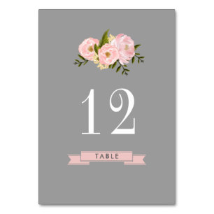 Gray Blush Pink Peonies Watercolor Wedding Table Number