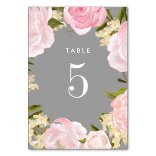 Gray Blush Pink Peonies Watercolor Wedding Table Number