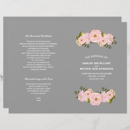 Gray  Blush Pink Peonies Wedding Program