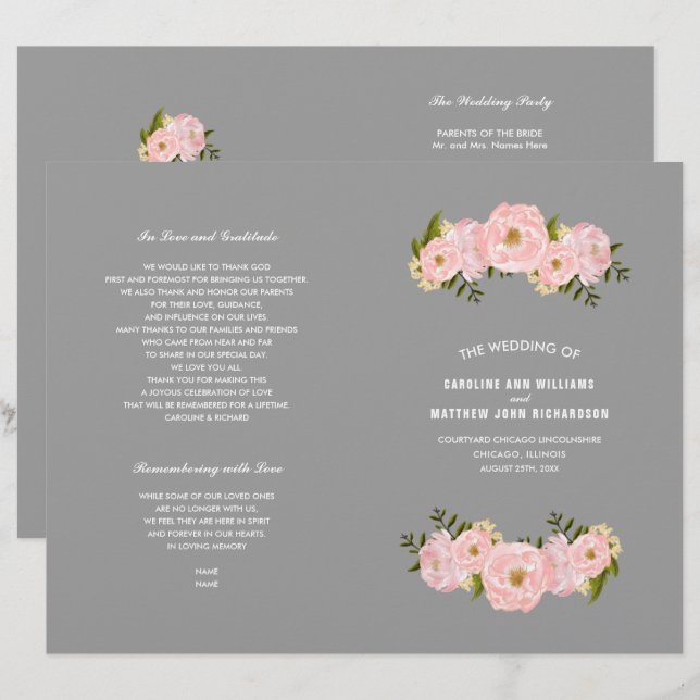 Gray | Blush Pink Peonies Wedding Program (Front/Back)